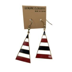 Genuine Cloisonne Dangle Earrings Red Black Gold Tone Striped Triangle Fashion